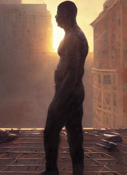 Prompt: A digital painting of a portrait of Donnovan Mitchell alone on a rooftop during Golden Hour. masterpiece 4k digital illustration by Ruan Jia and Mandy Jurgens and Artgerm and greg rutkowski and Alexander Tsaruk and WLOP and william-adolphe bouguereau, marvel comics, dark, intricate, highly detailed, smooth, artstation, digital illustration by Ruan Jia and Mandy Jurgens and Artgerm and Wayne Barlowe and Greg Rutkowski and Frank Frazetta , award winning, Artstation, art nouveau aesthetic, Alphonse Mucha background, intricate details, realistic, panoramic view, Hyperdetailed, 8k resolution, intricate art nouveau