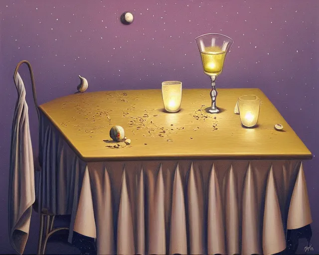 Prompt: a painting of the concept of joy on a table at night, ultrafine detailed painting by rafal olbinski, behance contest winner, pop surrealism, detailed painting, very detailed, minimalist, skeuomorphic, airbrush art