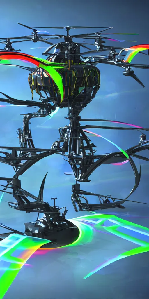 Image similar to futuristic multi rotor helicopter with plasma engine, 4 k, hyper realistic, coherent design, symmetrical, vivid colour, complementary colour, golden ratio, detailed, sharp lines, intricate, rainbow shift, in unreal 3 d engine, ray tracing, octane render