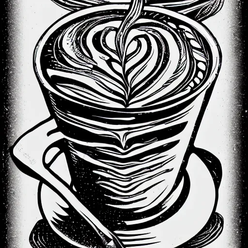 Image similar to barista latte art, coffee, hand drawn, illustration, engraved vector, by alexanderpokusay, trending on artstation,