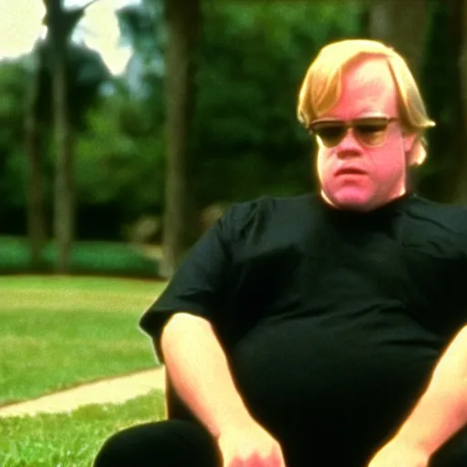 Image similar to philip seymour hoffman is donald trump, forest gump ( 1 9 9 2 ), cinematic shot