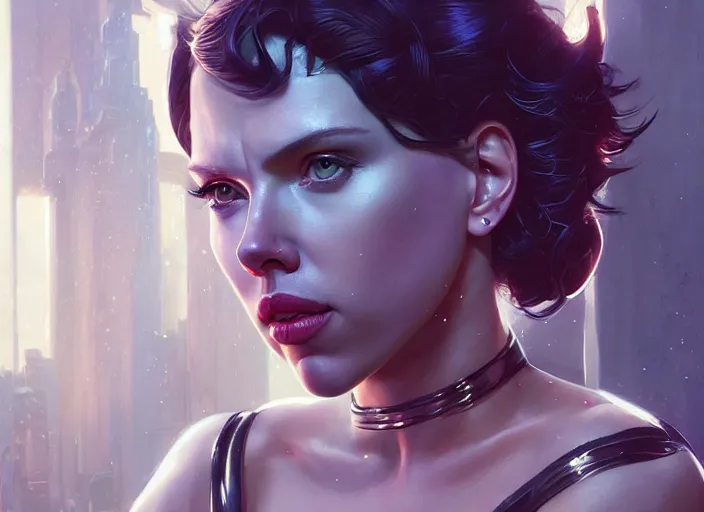 Image similar to highly detailed portrait of scarlett johansson as catwoman, stephen bliss, unreal engine, art by greg rutkowski, loish, rhads, ferdinand knab, makoto shinkai and lois van baarle, ilya kuvshinov, rossdraws, tom bagshaw, global illumination, radiant light, detailed and intricate environment