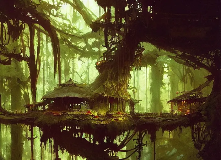 Image similar to treehouse interior, intricate, elegant, highly detailed, vivid colors, john harris, frazetta, tyrus wong, ruan jia, jeffrey catherine jones