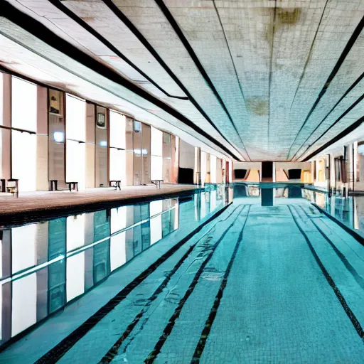 Image similar to a flooded indoor pool, underground, surreal, hotel pool, iminal space,
