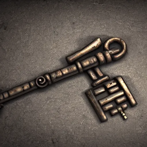 Prompt: a stylised old metal key, key is on the center of the image, rpg game inventory item, on the white background, high poly vray, stylised textures
