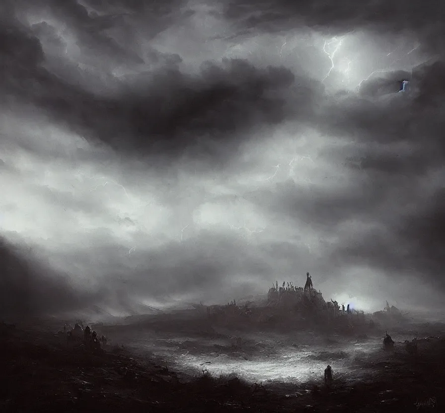 Prompt: the scariest storm surrounded by horror creatures in the scariest sky, epic scene, dark, scary, horror, frightening, fantasy, cinematic, jakub rozalski, high detail, dramatic lighting, night