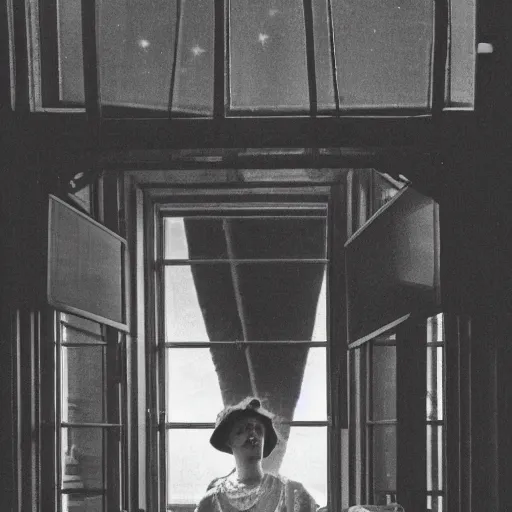 Image similar to a young edwardian woman sits in a window overlooking paris with the eiffel tower visible in the background, the moon is behind the eiffel tower, it's nighttime