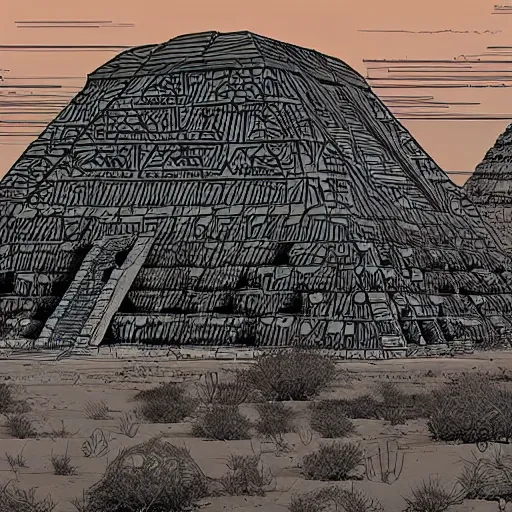 Image similar to gigantic colossal tortoise in the desert built around and into pyramid ziggurat highly detailed concept art schematic, Laurie Greasley