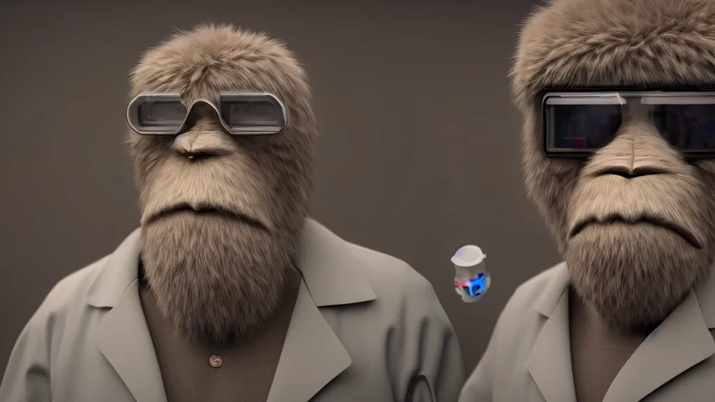 Image similar to a scientist who wears a scientist coat and has a yeti head for a head, 4 k, photorealistic, dramatic lighting