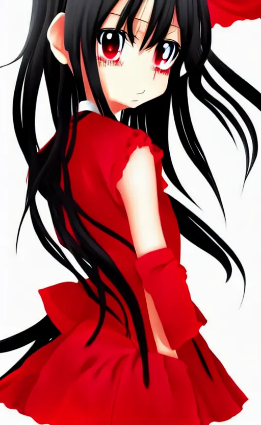 Image similar to anime girl with a detailed face and black hair in a red outfit placed in bottom half of illustration, full body, trending, illustration