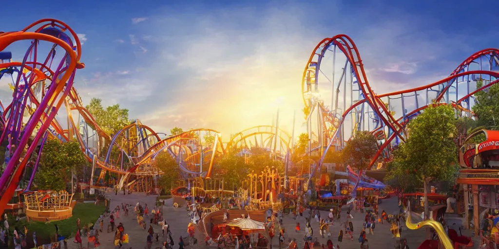 Prompt: nice view into lively theme park with many attractions, including roller coaster with 360 degree loop, sunset, volumetric lighting, beautiful, golden hour, sharp focus, highly detailed, cgsociety