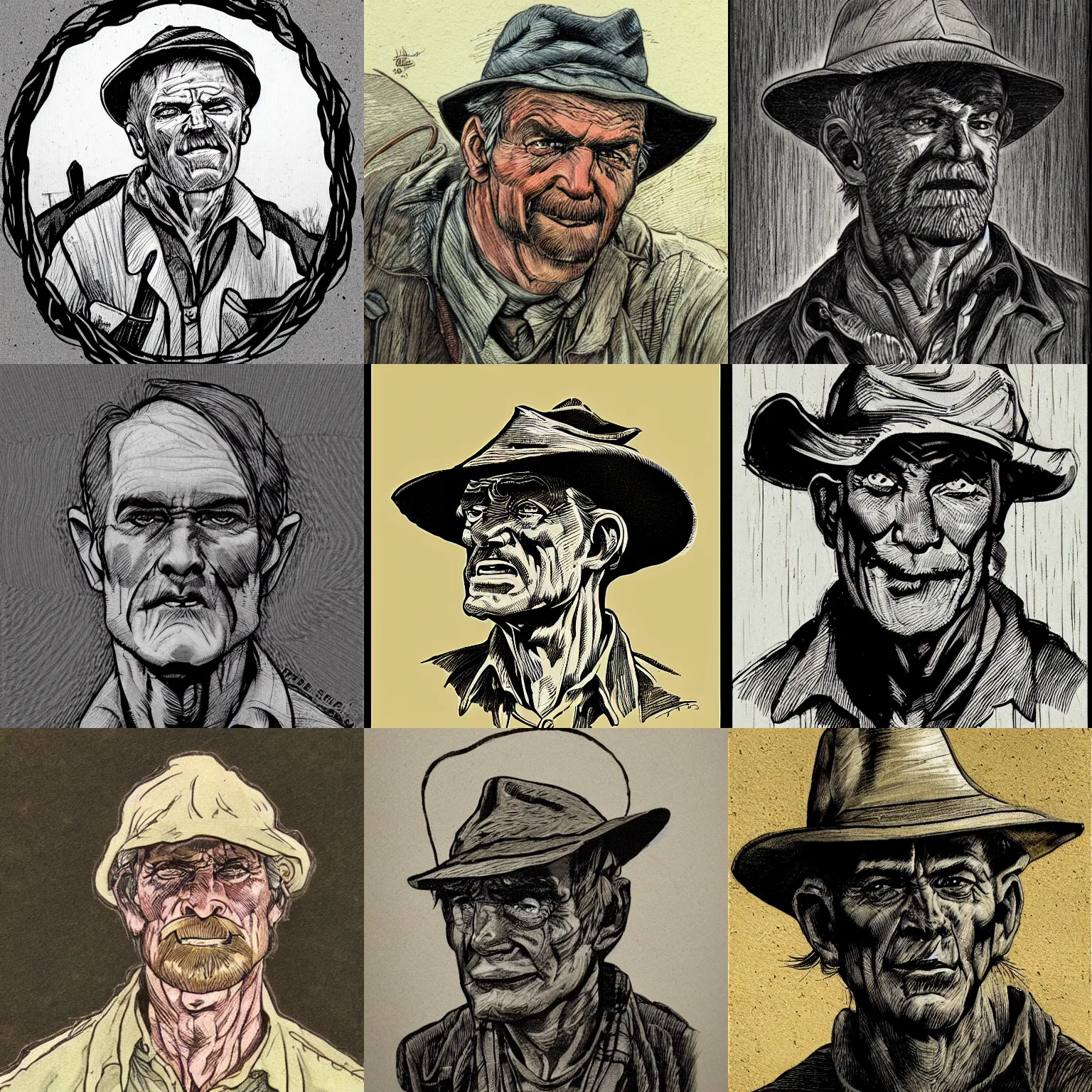 Prompt: an old farmer portrait in the style of bernie wrightson hatching
