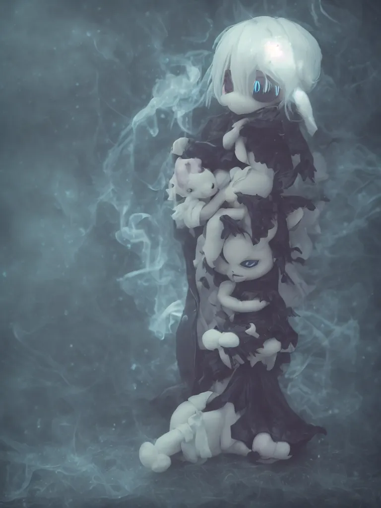 Image similar to cute fumo plush of a cursed frail witch bunny girl held tight in the arms of a translucent ghost mother, hugging and cradling, anime, eerie pretty melting volumetric smoke and fog, dark environment map pbr reflective stormy water, gothic maiden, bokeh, vignette, vray