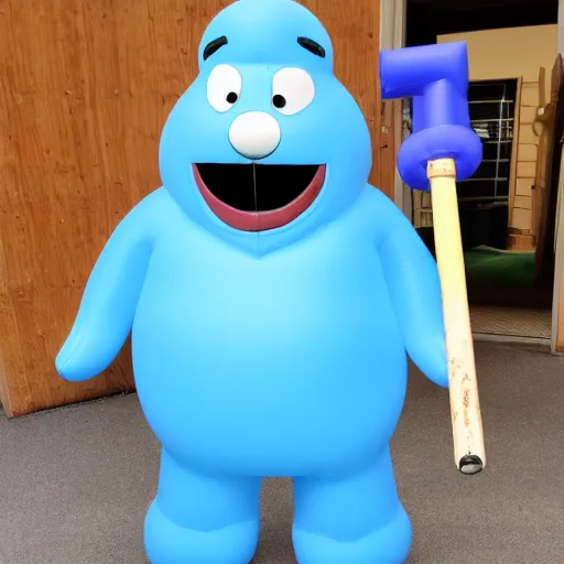 Prompt: big mean fat blue guy with an inflatable hammer