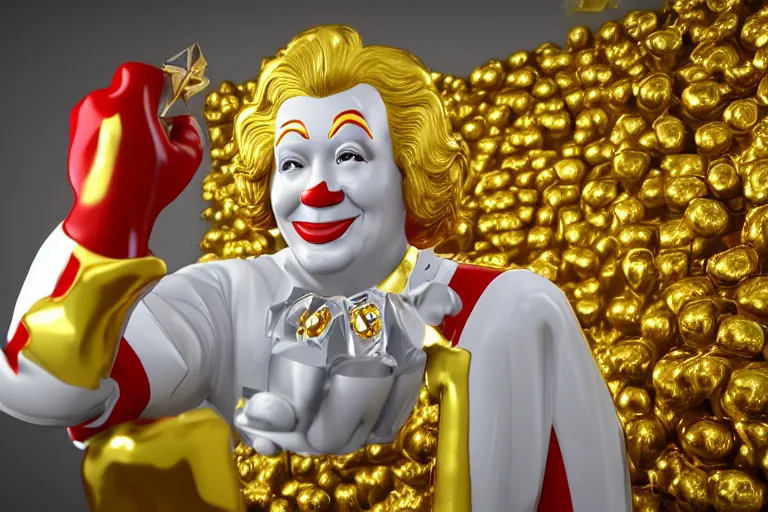 Image similar to a still of ronald mcdonald surrounded by gold and diamonds, award - winning, photograph, 3 d render, unreal engine, 4 k detailed