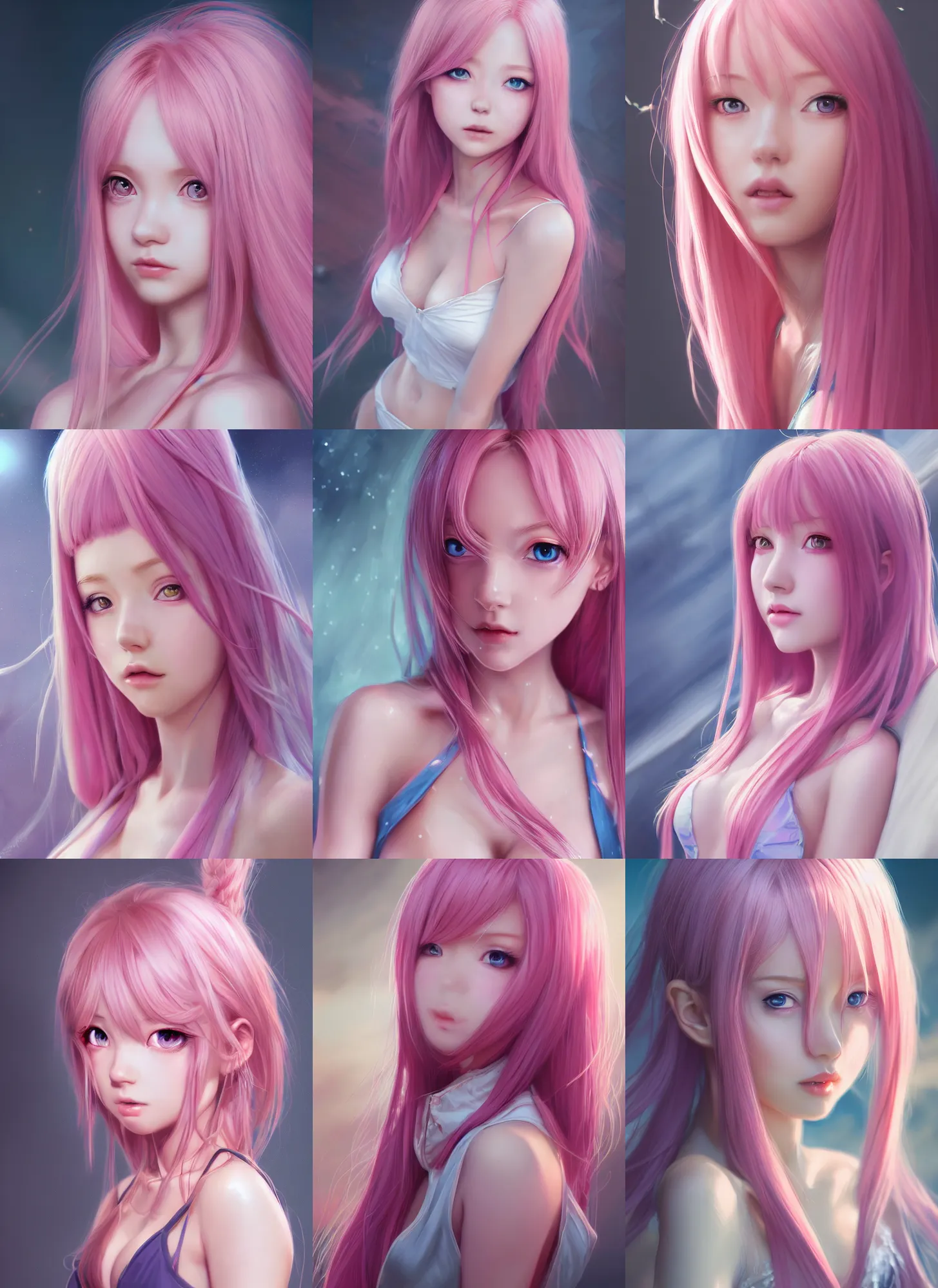 Prompt: detailed portrait of perfect pink haired girl, anime, negligee, beautiful, pretty face, blue cyborg eyes, innocent, scifi, 4 k, sun yunjoo, ultra realistic, aura of light, cinematic lighting, highly detailed, sharp focus, artstation, masterpiece, art by hyungjin yang