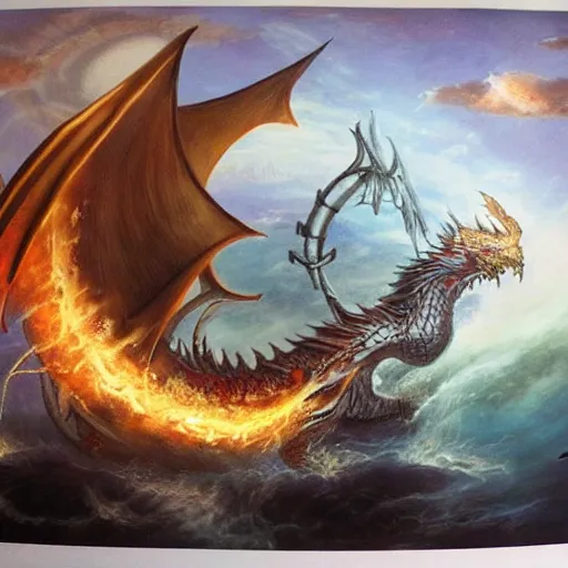 Prompt: magical ship fighting a dragon