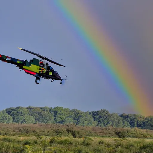 Prompt: an rainbow coloured Apache attack helicopter flying trough the air