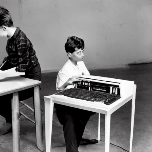 Prompt: A boy and a girl work on an Amiga 2000 in the style of robert doisneau 1955