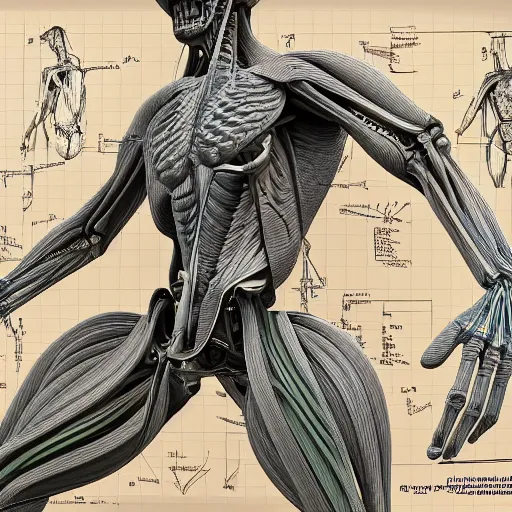 Image similar to detailed and intricate design of a full body of human anatomy, 3 d design, great finesse organic hyper detailed, engineering blueprints, technical drawings, calculus, stained paper, hyperrealistic, ultra detailed, 4 k, octane render, unreal engine