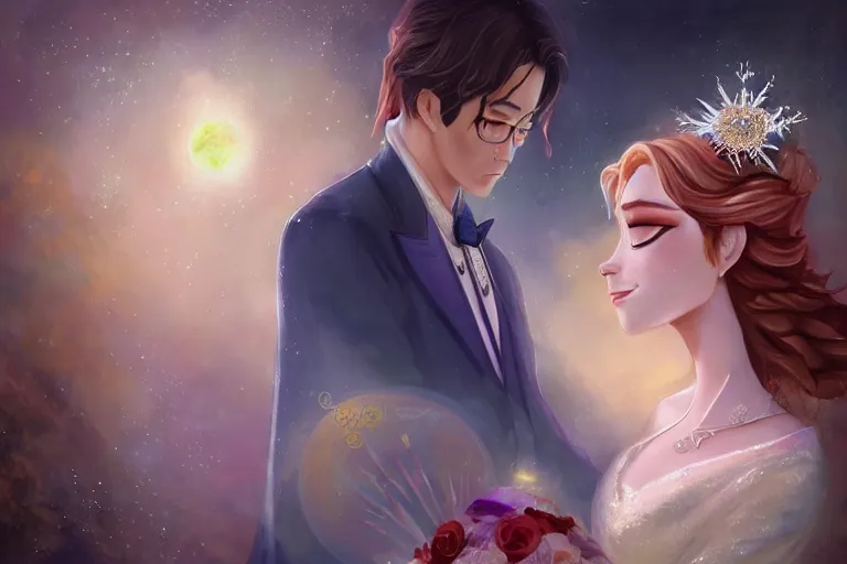 Image similar to a cinematic portrait of wedding photograph jpeg close up moment of a divine a japan sun god and moon goddess lovers magician at a wedding banquet. portraiture. digital painting. artstation. concept art. wedding photo. digital painting. frozen ii art masterpiece by art by krenz cushart