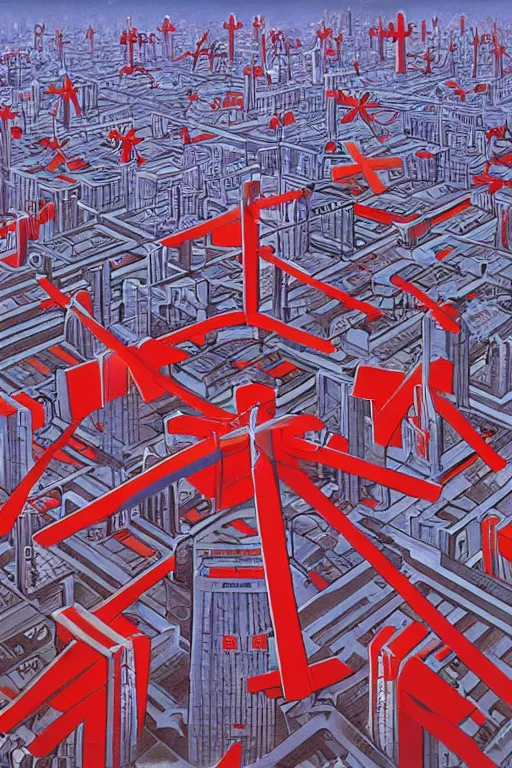 Image similar to Three giant red crosses in the center of a city from Neon Genesis Evangelion by Peter Elson