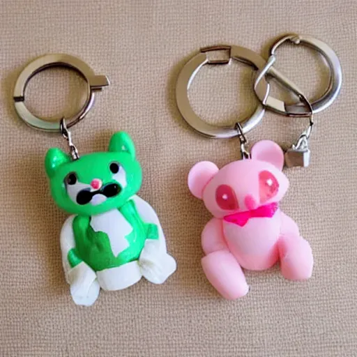 Image similar to some cute plastic toys that look like animal characters hanging from a keychain, laying onto of a doily, white, cream, and light pink