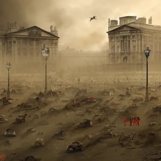 Image similar to a wide shot concept art of a zombie apocalypse in london town outside buckingham palace, 1 0 0's of zombies, smoke, fire, apocalyptic style image, smashed up cars, dead body's on the ground, blood, hyper detailed, illustration, digital art, featured on artstation, award winning image, unreal engine 7 render, 8 k, masterpeice