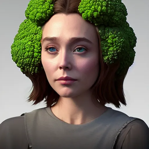 Prompt: broccoli!! has an [ [ elizabeth olsen face ] ]!!, trending on zbrush, unreal engine 5, cgsociety contest winner, intricate, detailed, 4 k quality, concept art