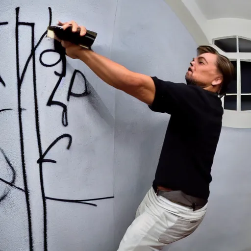 Image similar to bodycam photo of a drunk leonardo dicaprio spraying his graffiti tag in a wall, wide angle, fisheye, uhd, 8 k, bodycam, award winning,