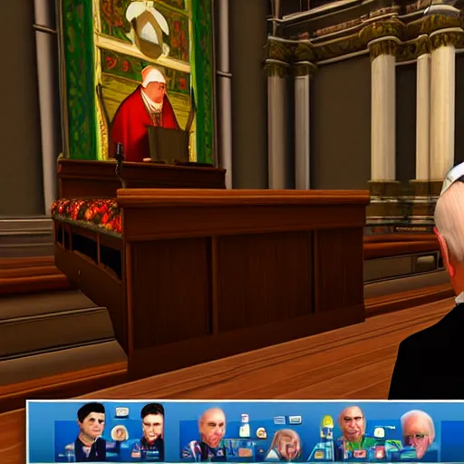 Prompt: color photo of the pope playing sims 3 on a computer screen on the altar during mass,