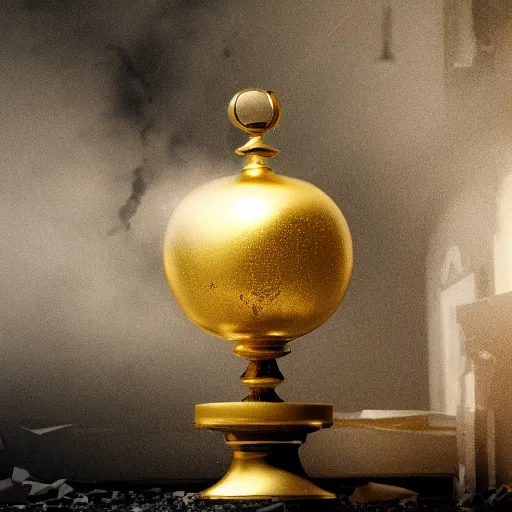 Prompt: A valuable golden object sits undamaged in the middle of an explosion damaged Victorian Art Nouveaux apartment amid the Fog of War, octane render