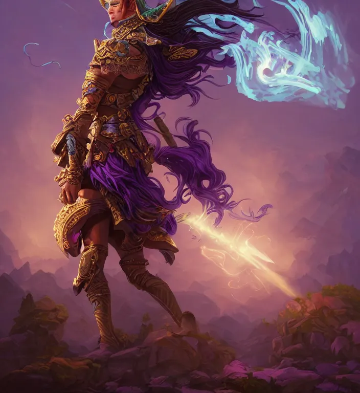 Image similar to a majestic warrior + purple hair and elf ears, backlit, strong rim light, highly detailed, digital painting, by Alvaro Castagnet + Peter Mohrbacher + Dan Mumford + vivid colors + high contrast, 8k resolution, intricate, photorealistic, smooth