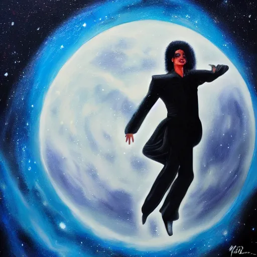 Image similar to painting of Michael Jackson doing the moonwalk in a cosmic scenic environment, trending on Artstation, hyperdetailed, beautiful, stars, planets, nebula, medium shot, mid-shot