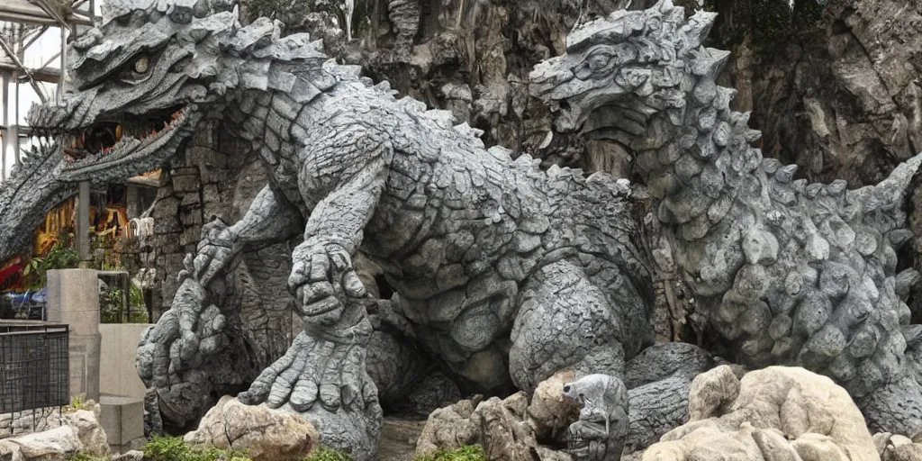 Image similar to a gigantis temple devoted to godzilla, stone carving ancient, worshipers bring offerings