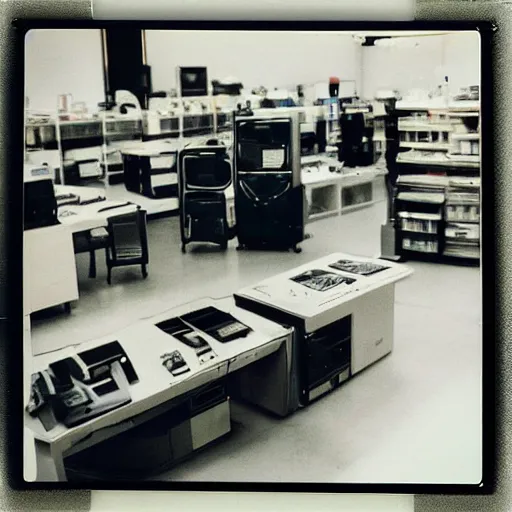 Image similar to “electronics department in 1990. As described by William Gibson. Polaroid”