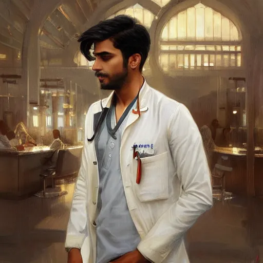 Image similar to Anxious good looking pale young Indian doctors wearing American clothes at the airport, portrait, elegant, intricate, digital painting, artstation, concept art, smooth, sharp focus, illustration, art by artgerm and greg rutkowski and alphonse mucha