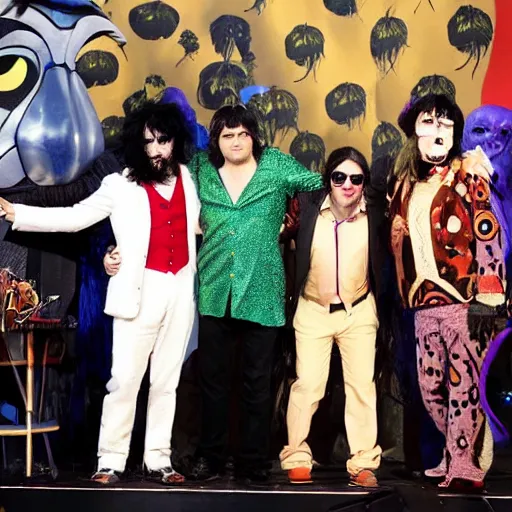 Image similar to the mighty boosh cast on stage featuring vince, howard, bollo and naboo