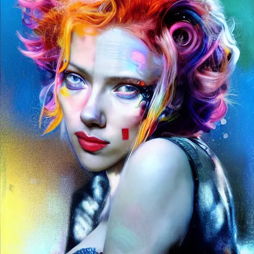 Image similar to scarlett johansson as delirium from sandman, ( hallucinating colorful soap bubbles ), by jeremy mann, by sandra chevrier, by jean giraud and maciej kuciara, punk rock, tank girl, high detailed, 8 k