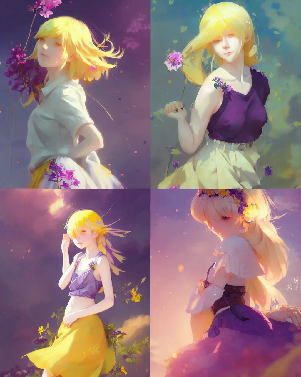 Prompt: girl with yellow hair and purple skirt, flower decoration on the background, a beautiful half body illustration, top lighting, perfect shadow, soft painting, art by hidari and krenz cushart and wenjun lin