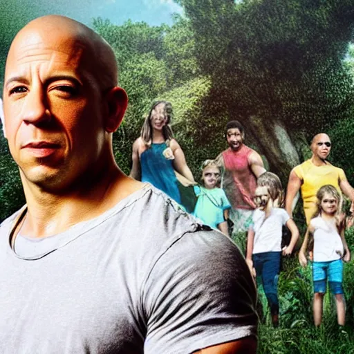 Image similar to closeup photo of vin diesel and his wife and 6 children, sunny day, village house, pastoral, happy, cinematic, art by jan urschel and neil blevins