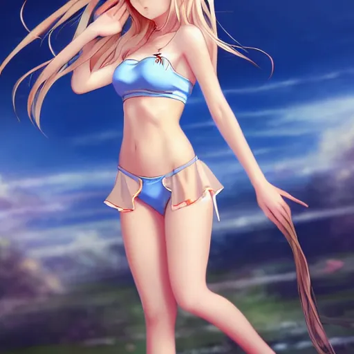 Image similar to a very beautiful young anime cute girl, full body, long wavy blond hair, sky blue eyes, full round face, short smile, bikini, miniskirt, front view, medium shot, mid-shot, highly detailed, cinematic wallpaper by Stanley Artgerm Lau
