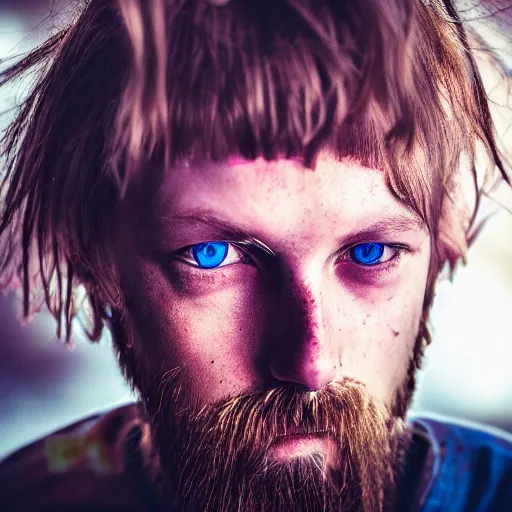 Image similar to Dennis Ritchie, grungy, unkept hair, glowing eyes, modelsociety, radiant skin, huge anime eyes, RTX on, perfect face, directed gaze, intricate, Sony a7R IV, symmetric balance, polarizing filter, Photolab, Lightroom, 4K, Dolby Vision, Photography Award