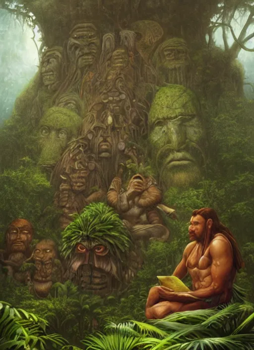 Image similar to a shaman sitting in the jungle, with giant faces of ancestors behind him, hyper detailed, art by christophe vacher