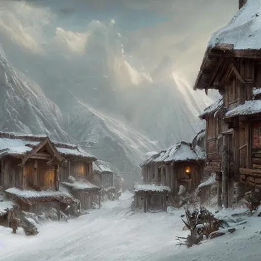 Image similar to an village in blizzardy mountains, Matte painting , detailed painting, greg rutkowski