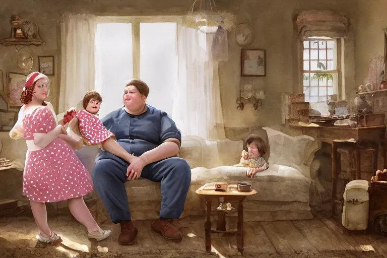 Image similar to charming and chubby parents and their very fat baby girl, wearing a polka dot cloths and a victorian - style hairdo, sits in the large and bright studio. sunlight enters through the barred window. watercolor and pen painting. beautiful lighting, 4 k post - processing, highly detailed, 5 k extremely detailed, 3 d. cinematic scene.