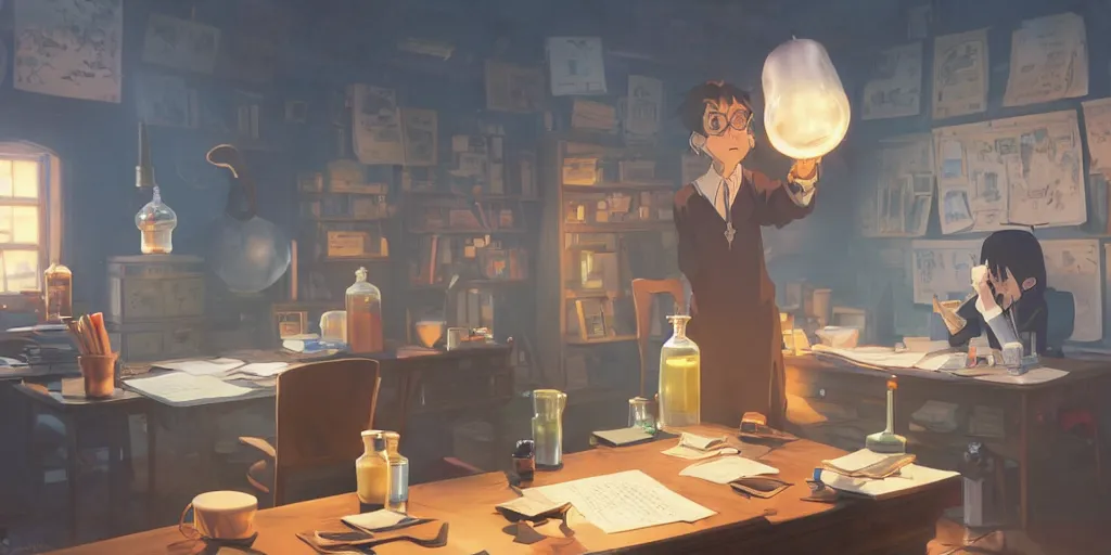 Image similar to a wizard with brown hair is standing at his desk working with jars of liquids, beakers of bubbling potions, coherent, medium shot, waist up, studio ghibli, pixar and disney animation, sharp, rendered in unreal engine 5, anime key art by greg rutkowski, bloom, dramatic lighting