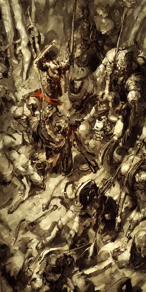Image similar to oil painting scene from inquisition art by kim jung gi