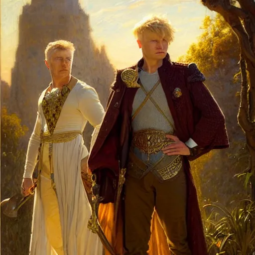 Image similar to manly arthur pendragon and manly merlin. focus on their faces. natural lighting. highly detailed painting by gaston bussiere, j. c. leyendecker, greg rutkowski 8 k