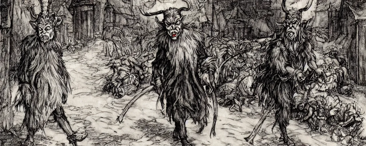 Prompt: Victorian Krampus horned satyr figure walking through a fantasy Victorian christmas village, art by arthur rackham, photorealistic, dark fantasy, book illustration style, 19th Century, 8K